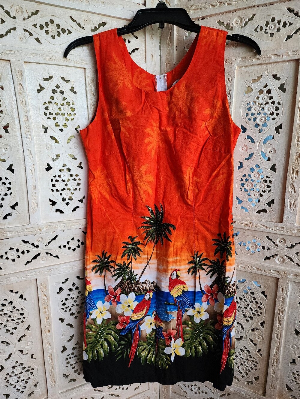 Pacific Legend Hawaiian Tank Dress- Size Large- Orange, Palms, Parrots, Floral